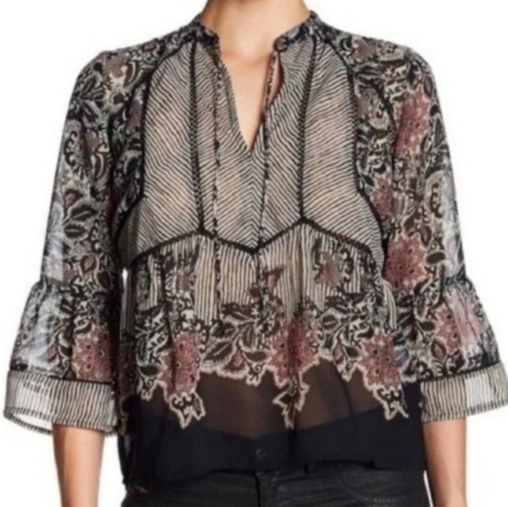 LUCKY Floral & Stripe Sheer 3/4 Sleeve Top M